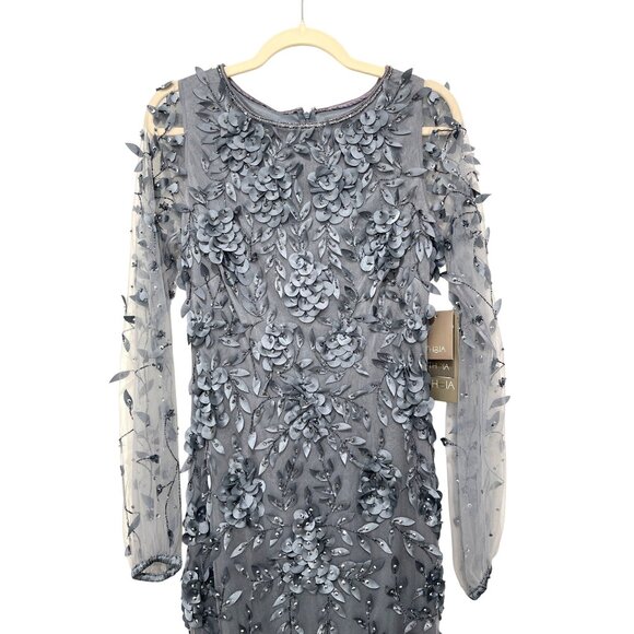 Theia $1295 Floral Mesh Long-Sleeve Gown Blue Formal Evening Dress Size 4 NWT - Picture 7 of 10